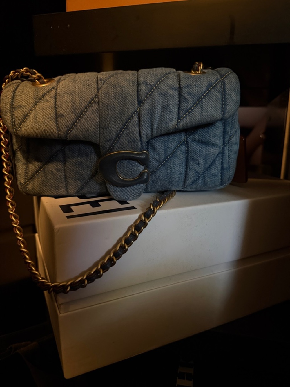Coach Quilted Denim Crossbody Bag in Blue with Chain Strap